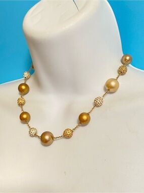 Vtg CAROLEE Gold Tone Glass Beads & Rhinestone Pave Necklace